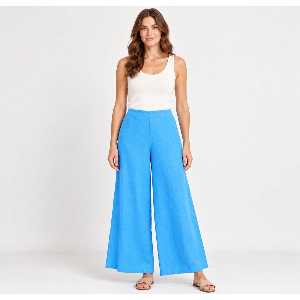 Lagenlook Art-to-Wear Blue Linen Wide Leg Pants Bryn Walker XXS Relaxed Fit